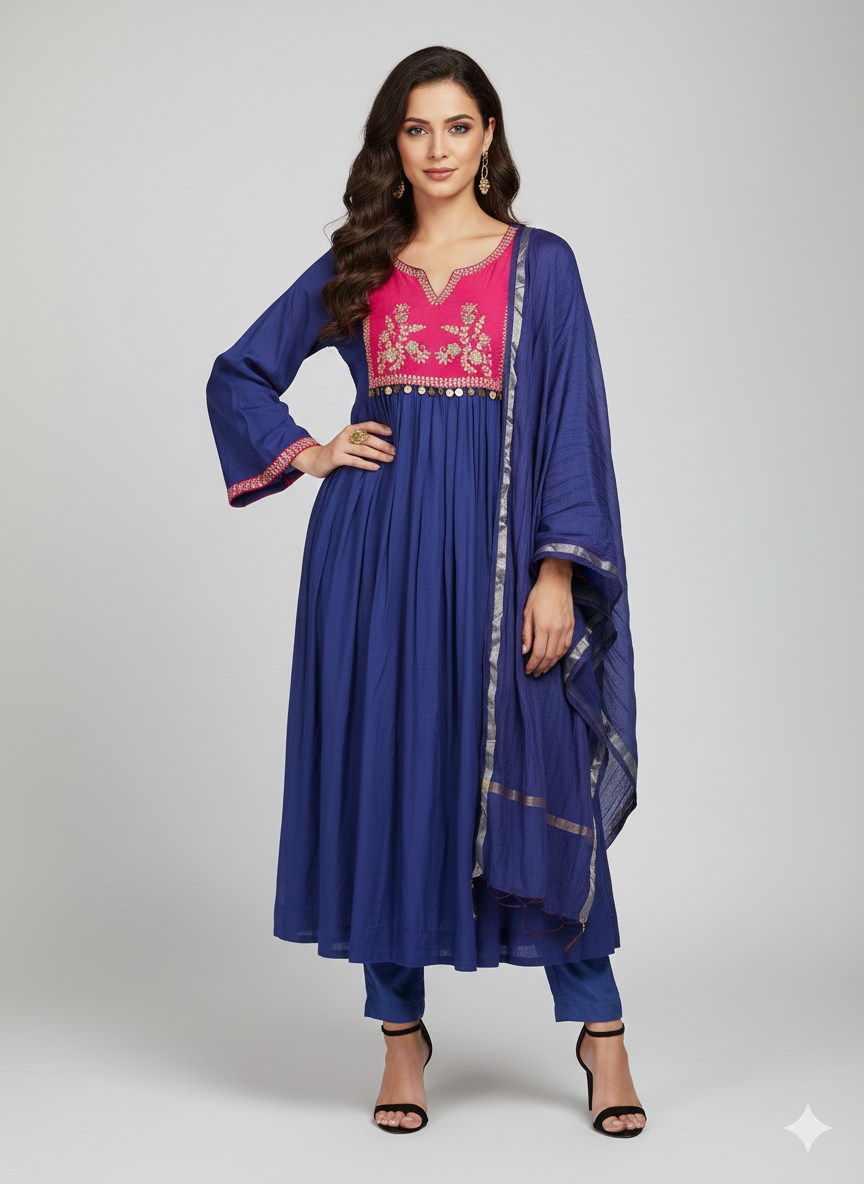 Indigo Blue Mul Chanderi Suit with Pink Embroidered Yoke & Gold Coins - product image