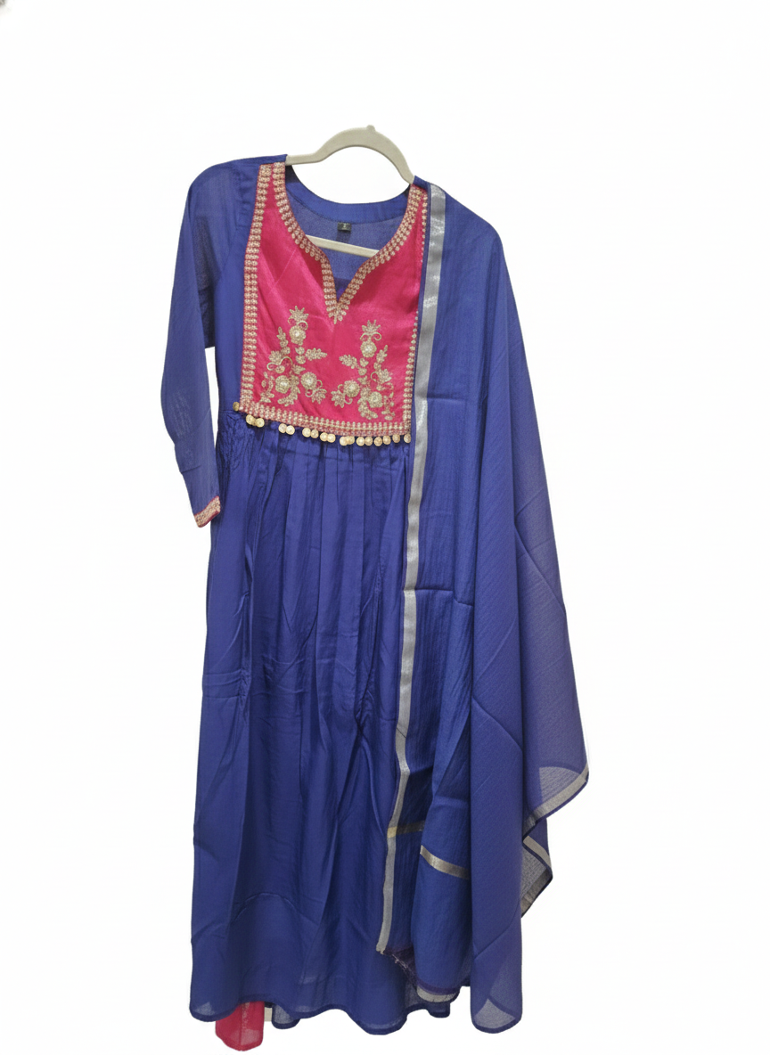 Indigo Blue Mul Chanderi Suit with Pink Embroidered Yoke & Gold Coins - product image