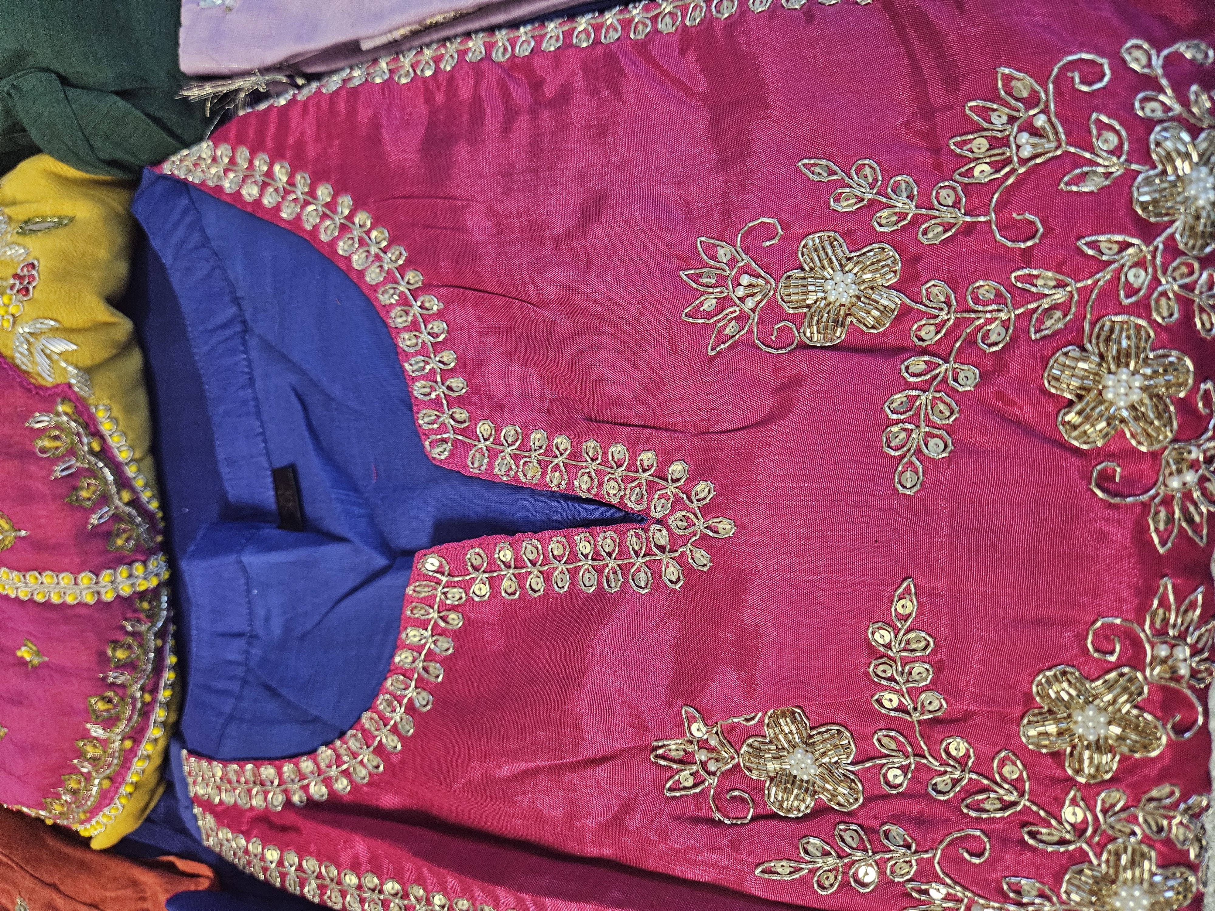 Indigo Blue Mul Chanderi Suit with Pink Embroidered Yoke & Gold Coins - product image