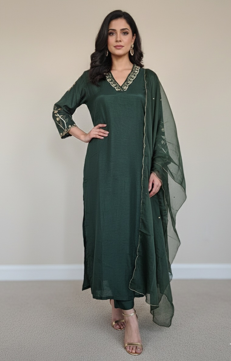 Bottle Green Pure Dola Silk Embroidered Suit with Scalloped Dupatta - product image