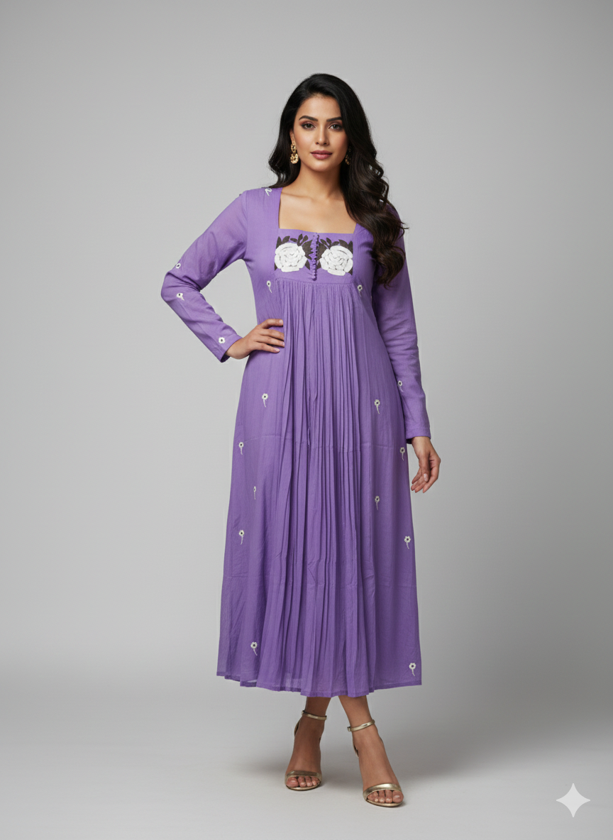 Lavender Mul Cotton Frock with White Floral Embroidery & Square Neckline - product image