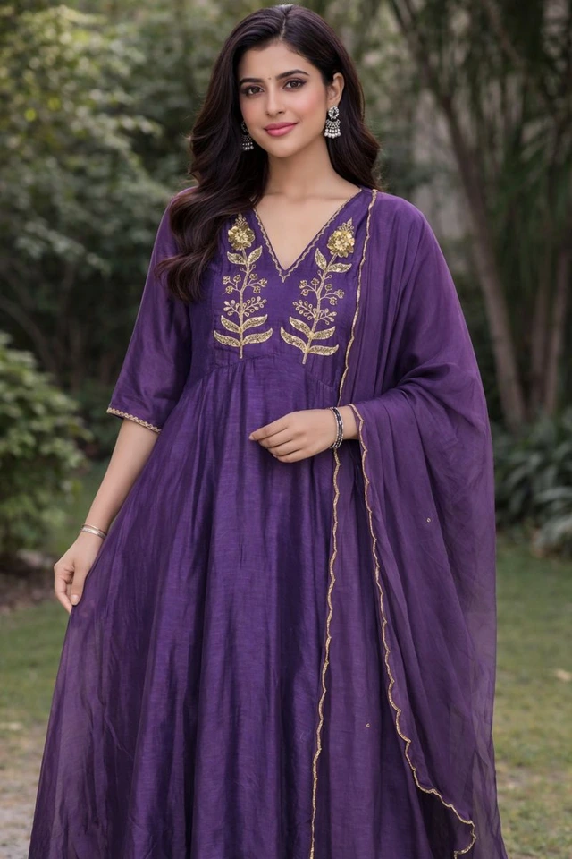 Royal purple Mul Chanderi Anarkali dress with intricate gold embroidery on the bodice, paired with a gold-bordered dupatta.
