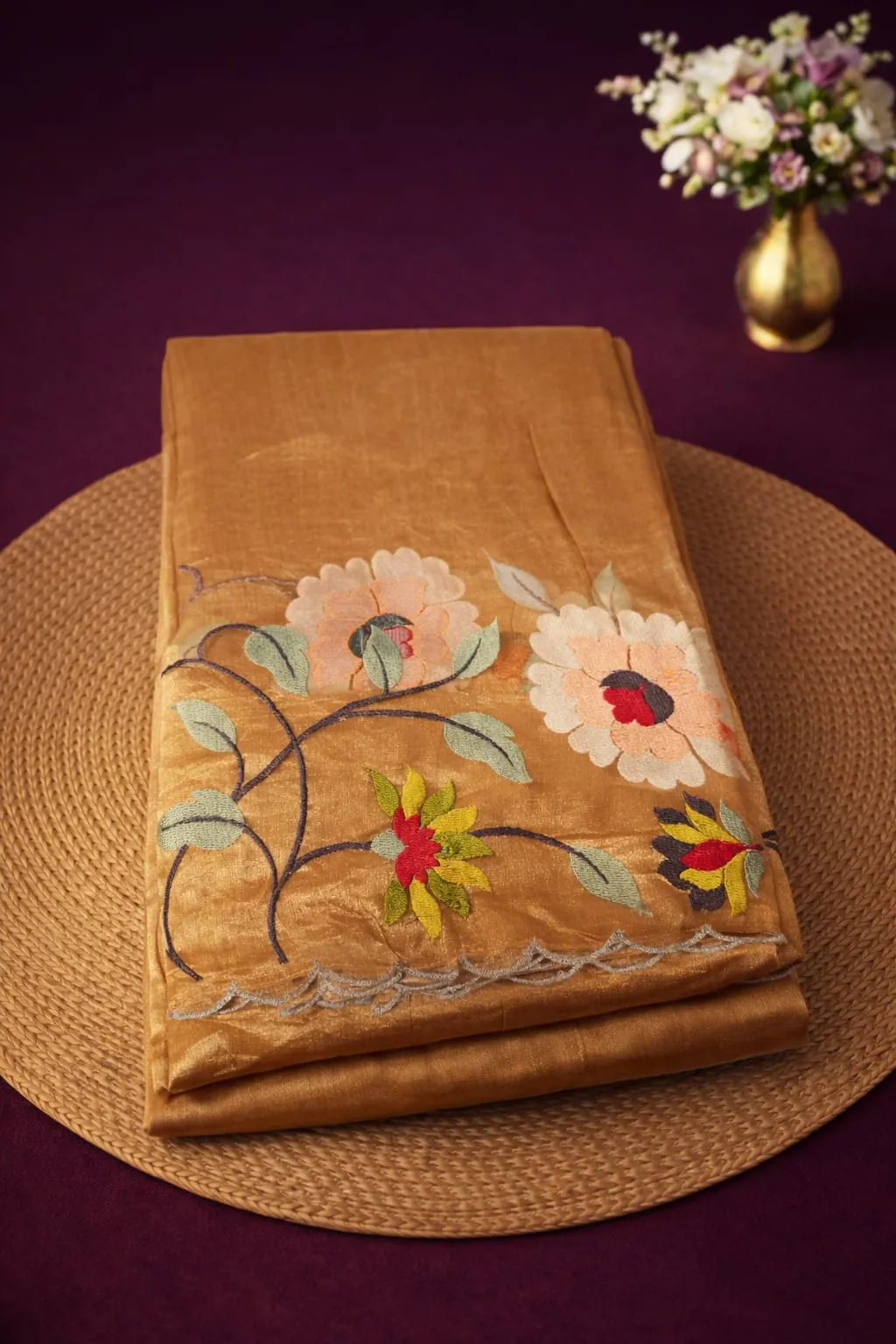 Pure Banarasi Kora Tissue saree in golden beige with intricate floral embroidery, ideal for weddings and festive wear