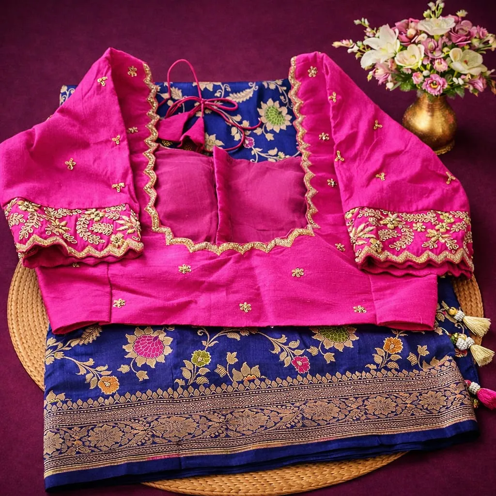 Pure Banarasi Katan silk saree in royal blue with intricate multicolor meenakari floral weaving, paired with a pink blouse.